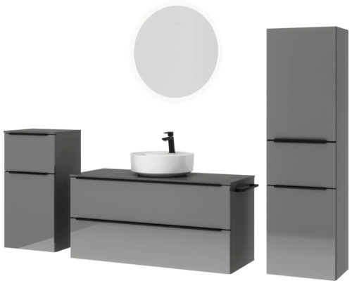 Badezimmer Set mit Waschtisch, Aufsatzwaschbecken, Spiegelschrank und Hochschrank