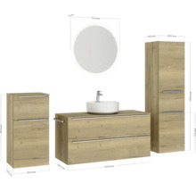 Badmöbel-Set NOBILIA Programm 3 BxHxT 230 x 169,1 x 48,7 cm Frontfarbe eiche natur mit Aufsatz-Waschtisch weiß und Spiegel rund mit LED-Beleuchtung Midischrank Unterschrank Griffleiste chrom matt 542