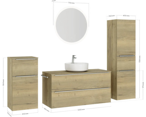 Ensemble de salle de bains avec meuble-lavabo, vasque, armoire de toilette et armoire haute