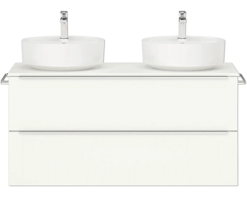 Doppel-Badmöbel-Set NOBILIA Programm 3 BxHxT 121 x 59,1 x 48,7 cm Frontfarbe weiß matt mit Aufsatz-Waschtisch Griffleiste chrom matt 544 Waschtischunterschrank mit zwei Waschbecken und Armaturen