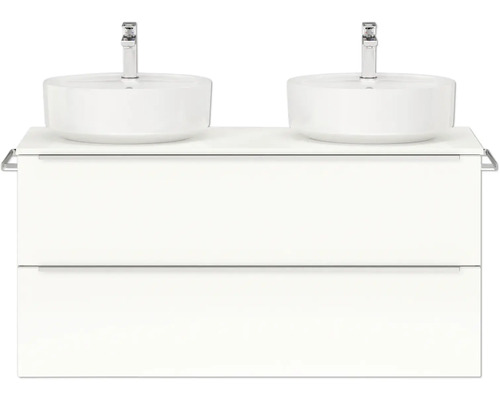 Set de meubles de salle de bains double NOBILIA Programm 3 lxhxp 121 x 59,1 x 48,7 cm couleur de façade blanc haute brillance avec vasque à poser barre de prise chrome mat 546