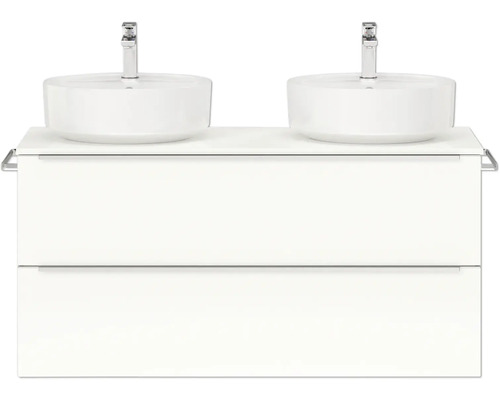 Doppel-Badmöbel-Set NOBILIA Programm 3 BxHxT 121 x 59,1 x 48,7 cm Frontfarbe weiß hochglanz mit Aufsatz-Waschtisch Griffleiste chrom matt 546 Waschtischunterschrank mit zwei Aufsatzwaschbecken und Armaturen
