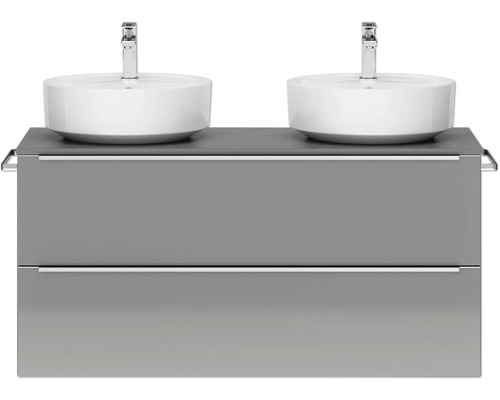 Set de meubles de salle de bains double NOBILIA Programm 3 lxhxp 121 x 59,1 x 48,7 cm couleur de façade gris haute brillance avec vasque à poser barre de prise chrome mat 548