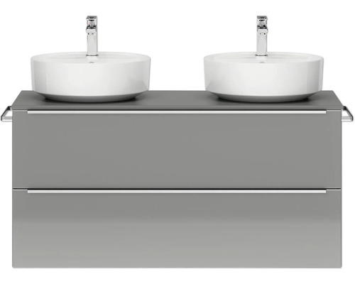 Doppel-Badmöbel-Set NOBILIA Programm 3 BxHxT 121 x 59,1 x 48,7 cm Frontfarbe grau hochglanz mit Aufsatz-Waschtisch Griffleiste chrom matt 548 Waschtisch mit zwei Aufsatzwaschbecken und Schubladen