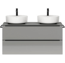 Meuble-lavabo double avec deux vasques à poser et robinets à deux poignées