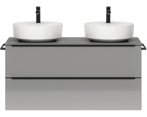 Doppel-Badmöbel-Set NOBILIA Programm 3 BxHxT 121 x 59,1 x 48,7 cm Frontfarbe grau hochglanz mit Aufsatz-Waschbecken Griffleiste schwarz 549