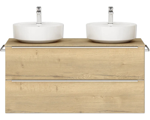 Set de meubles de salle de bains double NOBILIA Programm 3 lxhxp 121 x 59,1 x 48,7 cm couleur de façade chêne naturel avec vasque à poser blanc barre de prise chrome mat 550