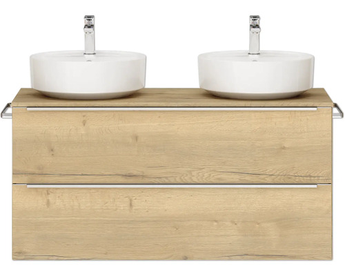 Doppel-Badmöbel-Set NOBILIA Programm 3 BxHxT 121 x 59,1 x 48,7 cm Frontfarbe eiche natur Aufsatz-Waschbecken weiß Griffleiste chrom matt 550 Doppelwaschtisch mit Unterschrank und zwei Aufsatzwaschbecken