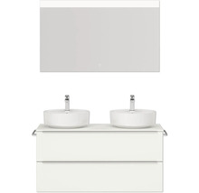 Ensemble de salle de bains moderne avec double vasque, meuble sous-vasque et miroir