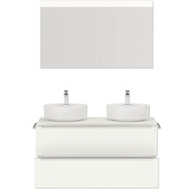 Set de meubles de salle de bains double NOBILIA Programm 3 lxhxp 121 x 169,1 x 48,7 cm couleur de façade blanc mat avec vasque à poser blanc miroir avec éclairage LED barre de prise chrome mat 552