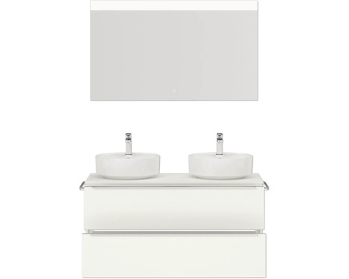 Set de meubles de salle de bains double NOBILIA Programm 3 lxhxp 121 x 169,1 x 48,7 cm couleur de façade blanc mat avec vasque à poser blanc miroir avec éclairage LED barre de prise chrome mat 552
