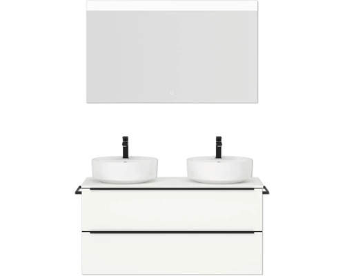 Set de meubles de salle de bains double NOBILIA Programm 3 lxhxp 121 x 169,1 x 48,7 cm couleur de façade blanc mat avec vasque à poser blanc et miroir avec éclairage LED barre de prise noire