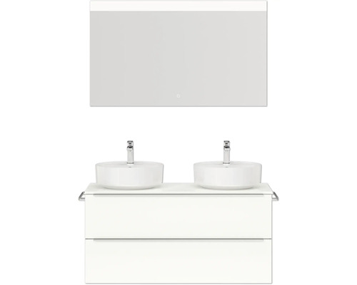 Set de meubles de salle de bains double NOBILIA Programm 3 lxhxp 121 x 169,1 x 48,7 cm couleur de façade blanc haute brillance avec vasque à poser blanc miroir avec éclairage LED barre de prise chrome mat 554