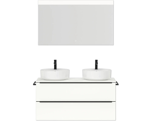 Set de meubles de salle de bains double NOBILIA Programm 3 lxhxp 121 x 169,1 x 48,7 cm couleur de façade blanc haute brillance avec lavabo en applique blanc et miroir avec éclairage LED barre de prise noir
