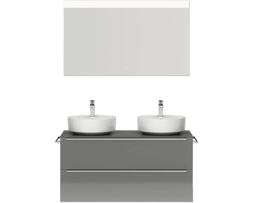 Set double de meubles de salle de bains NOBILIA Programm 3 lxhxp 121 x 169,1 x 48,7 cm couleur de façade gris haute brillance avec vasque à poser blanc miroir avec éclairage LED barre de poignée chrome mat 556