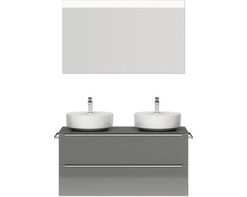 Doppel-Badmöbel-Set NOBILIA Programm 3 BxHxT 121 x 169,1 x 48,7 cm Frontfarbe grau hochglanz mit Aufsatz-Waschtisch weiß Spiegel mit LED-Beleuchtung Griffleiste chrom matt 556 Doppelwaschtisch mit zwei Aufsatzwaschbecken, Unterschrank und Spiegel