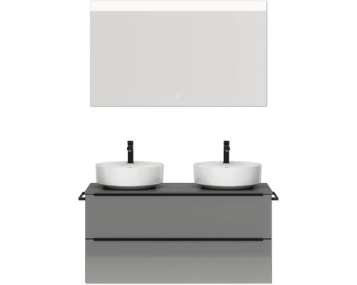 Set de meubles de salle de bains double NOBILIA Programm 3 lxhxp 121 x 169,1 x 48,7 cm couleur de façade gris haute brillance avec lavabo en applique blanc et miroir avec éclairage LED barre de prise noir