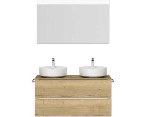 Set de meubles de salle de bains double NOBILIA Programm 3 lxhxp 121 x 169,1 x 48,7 cm couleur de façade chêne naturel avec vasque à poser blanc et miroir avec éclairage LED barre de prise chrome mat 558
