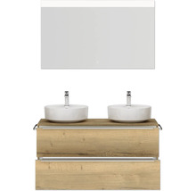 Set de meubles de salle de bains double NOBILIA Programm 3 lxhxp 121 x 169,1 x 48,7 cm couleur de façade chêne naturel avec vasque à poser blanc et miroir avec éclairage LED barre de prise chrome mat 558