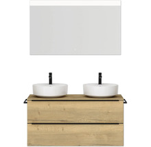 Set de meubles de salle de bains double NOBILIA Programm 3 lxhxp 121 x 169,1 x 48,7 cm couleur de façade chêne nature avec lavabo en applique blanc et miroir avec éclairage LED barre de prise noir