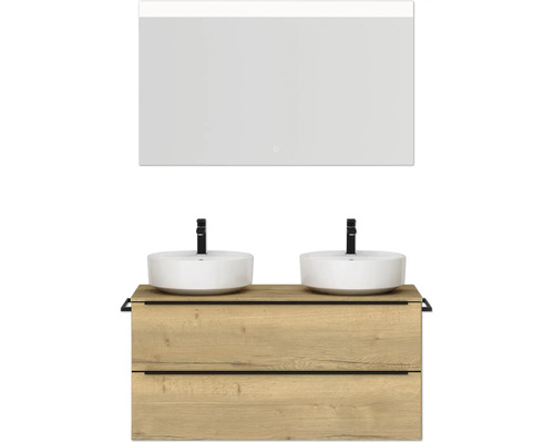 Set de meubles de salle de bains double NOBILIA Programm 3 lxhxp 121 x 169,1 x 48,7 cm couleur de façade chêne nature avec lavabo en applique blanc et miroir avec éclairage LED barre de prise noir