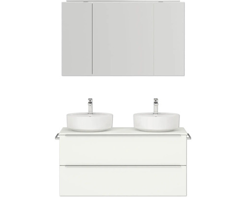 Set de meubles de salle de bains double NOBILIA Programm 3 lxhxp 121 x 169,1 x 48,7 cm couleur de façade blanc mat avec vasque à poser et armoire de toilette à 3 portes avec éclairage LED barre de prise chrome mat 560