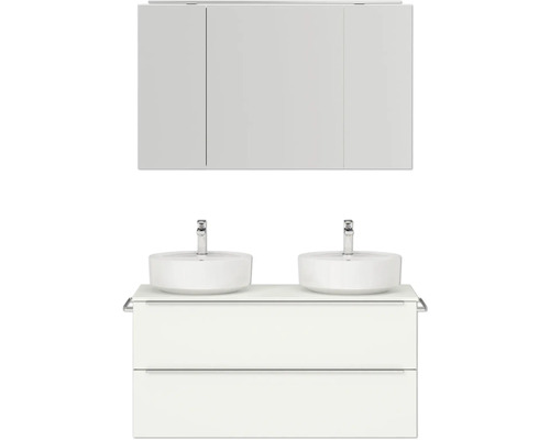 Doppel-Badmöbel-Set NOBILIA Programm 3 BxHxT 121 x 169,1 x 48,7 cm Frontfarbe weiß matt mit Aufsatz-Waschtisch und Spiegelschrank 3-türig mit LED-Beleuchtung Griffleiste chrom matt 560 Waschtisch mit zwei Waschbecken und Spiegelschrank