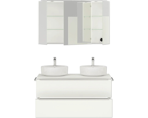 Ensemble de salle de bains avec meuble sous-vasque, deux lavabos et armoire de toilette avec compartiments