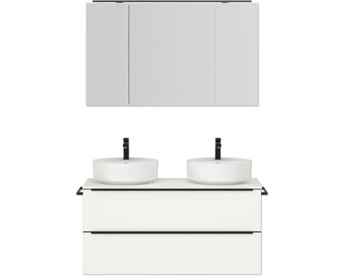 Doppel-Badmöbel-Set NOBILIA Programm 3 BxHxT 121 x 169,1 x 48,7 cm Frontfarbe weiß matt mit Aufsatz-Waschtisch und Spiegelschrank 3-türig mit LED-Beleuchtung Griffleiste schwarz 561