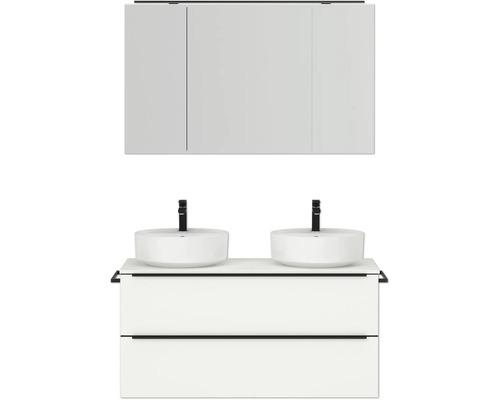 Doppel-Badmöbel-Set NOBILIA Programm 3 BxHxT 121 x 169,1 x 48,7 cm Frontfarbe weiß matt mit Aufsatz-Waschtisch und Spiegelschrank 3-türig mit LED-Beleuchtung Griffleiste schwarz 561 Waschtisch mit zwei Aufsatzwaschbecken, Unterschrank und Spiegelschrank für das Badezimmer