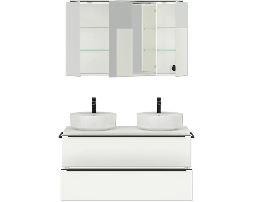 Meuble-lavabo avec deux vasques à poser et armoire de toilette