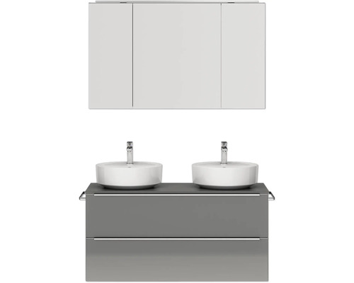 Set de meubles de salle de bains double NOBILIA Programm 3 lxhxp 121 x 169,1 x 48,7 cm couleur de façade gris haute brillance avec lavabo en applique et armoire de toilette à 3 portes avec éclairage LED barre de prise chrome mat 564