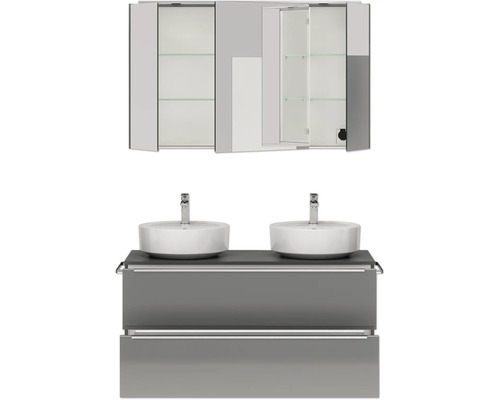 Meuble-lavabo avec deux vasques et armoire de toilette à étagères