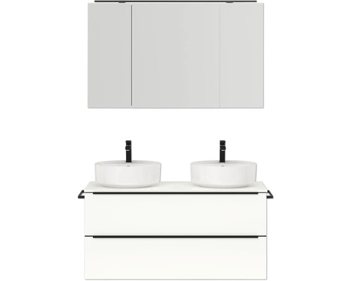 Set de meubles de salle de bains double NOBILIA Programm 3 lxhxp 121 x 169,1 x 48,7 cm couleur de façade blanc haute brillance avec vasque à poser et armoire de toilette à 3 portes avec éclairage LED barre de prise noire éclairage LED 563