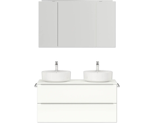 Set de meubles de salle de bains double NOBILIA Programm 3 lxhxp 121 x 169,1 x 48,7 cm couleur de façade blanc haute brillance avec vasque à poser et armoire de toilette à 3 portes avec éclairage LED barre de prise chrome mat 562