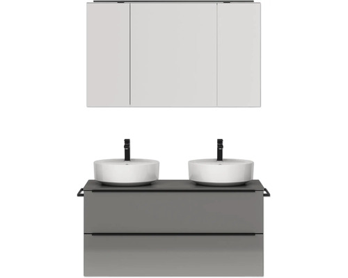 Doppel-Badmöbel-Set NOBILIA Programm 3 BxHxT 121 x 169,1 x 48,7 cm Frontfarbe grau hochglanz mit Aufsatz-Waschtisch und Spiegelschrank 3-türig mit LED-Beleuchtung Griffleiste schwarz 565 Waschtisch mit zwei Waschbecken, Unterschrank und Spiegelschrank für Badezimmer