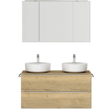 Doppel-Badmöbel-Set NOBILIA Programm 3 BxHxT 121 x 169,1 x 48,7 cm Frontfarbe eiche naturmit Aufsatz-Waschtisch und Spiegelschrank 3-türig mit LED-Beleuchtung Griffleiste chrom matt 566