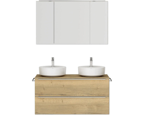 Set de meubles de salle de bains double NOBILIA Programm 3 lxhxp 121 x 169,1 x 48,7 cm couleur de façade chêne naturel avec vasque à poser et armoire de toilette à 3 portes avec éclairage LED poignée barre chrome mat 566