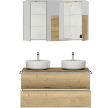 Doppel-Badmöbel-Set NOBILIA Programm 3 BxHxT 121 x 169,1 x 48,7 cm Frontfarbe eiche naturmit Aufsatz-Waschtisch und Spiegelschrank 3-türig mit LED-Beleuchtung Griffleiste chrom matt 566