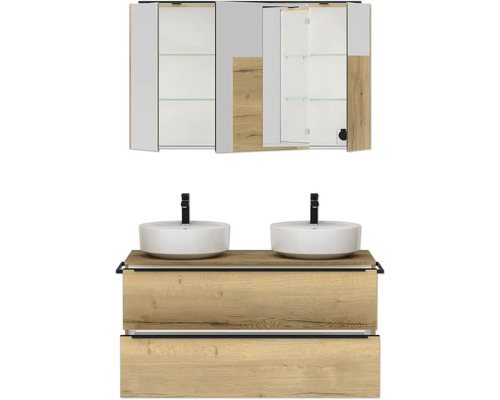 Badezimmermöbel-Set mit Waschtischunterschrank, zwei Aufsatzwaschbecken und Spiegelschrank