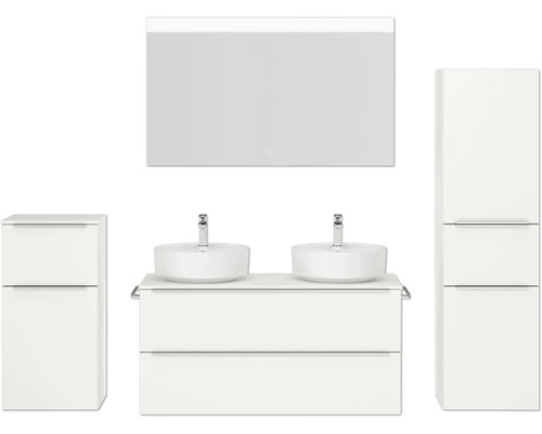 Set de meubles de salle de bains double NOBILIA Programm 3 lxhxp 230 x 169,1 x 48,7 cm couleur de façade blanc mat avec vasque à poser blanc et miroir avec éclairage LED armoire midi meuble bas barre de prise chrome mat 568