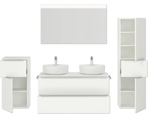 Salle de bains avec meuble sous-lavabo, deux vasques à poser, armoire de toilette et deux armoires hautes