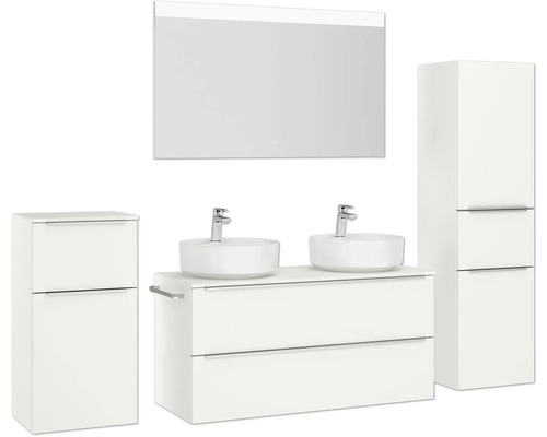 Ensemble de salle de bains avec meuble-lavabo, deux vasques, armoire de toilette et armoire haute