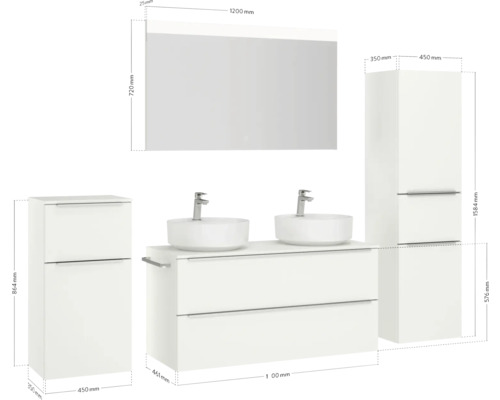 Ensemble de salle de bains avec meuble-lavabo, deux vasques, miroir et deux armoires hautes avec dimensions