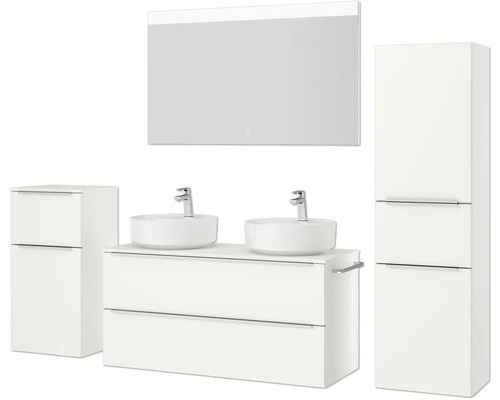 Ensemble de salle de bains avec meuble-lavabo, vasque à poser, armoire de toilette et armoire haute