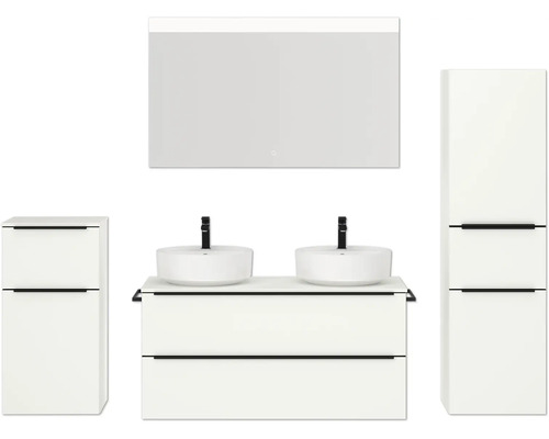 Doppel-Badmöbel-Set NOBILIA Programm 3 BxHxT 230 x 169,1 x 48,7 cm Frontfarbe weiß matt mit Aufsatz-Waschtisch weiß und Spiegel mit LED-Beleuchtung Midischrank Unterschrank Griffleiste schwarz 569 Badezimmer-Set mit Waschtischunterschrank, zwei Aufsatzwaschbecken, Spiegelschrank und Hochschrank