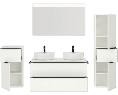 Ensemble de salle de bains avec meuble-lavabo, deux vasques, armoire de toilette à miroir et armoires hautes