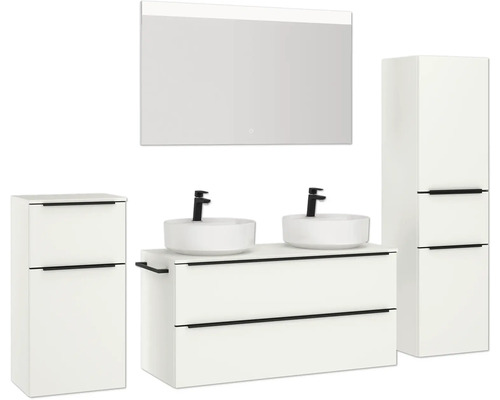 Ensemble de salle de bains avec double vasque, armoire de toilette et armoire haute