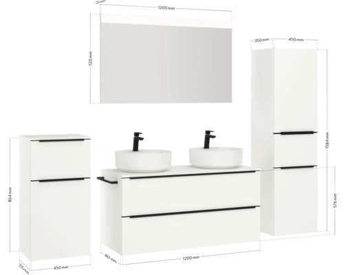 Ensemble de salle de bains avec double vasque, armoire de toilette et deux armoires hautes en blanc