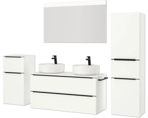 Ensemble de salle de bains avec meuble sous-vasque, deux vasques à poser, armoire de toilette et armoire haute